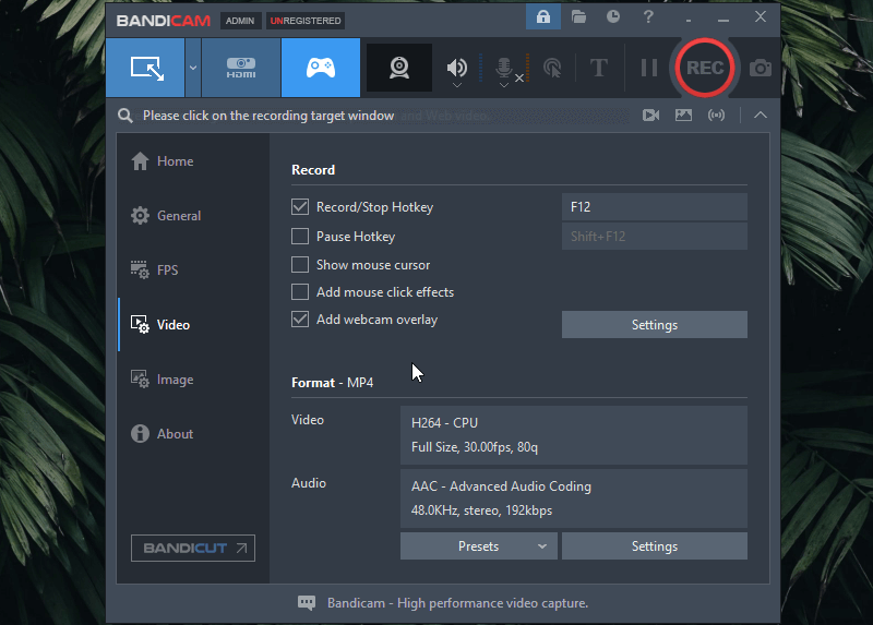 Bandicam video settings