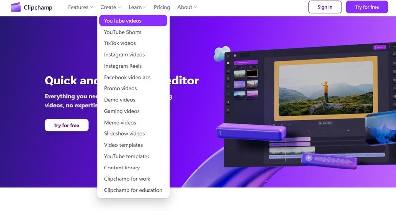 Clipchamp video editor main screen