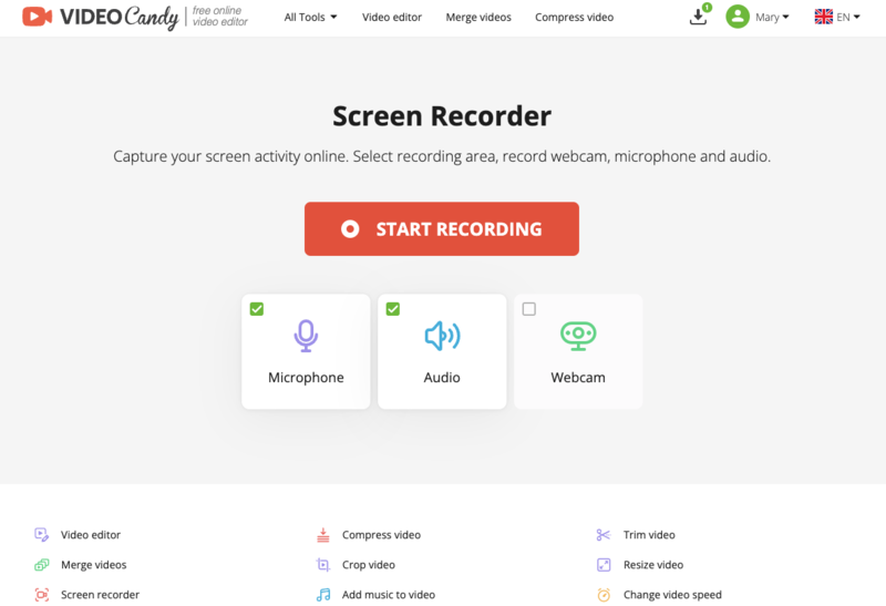 Interface of the screen recorder for online use